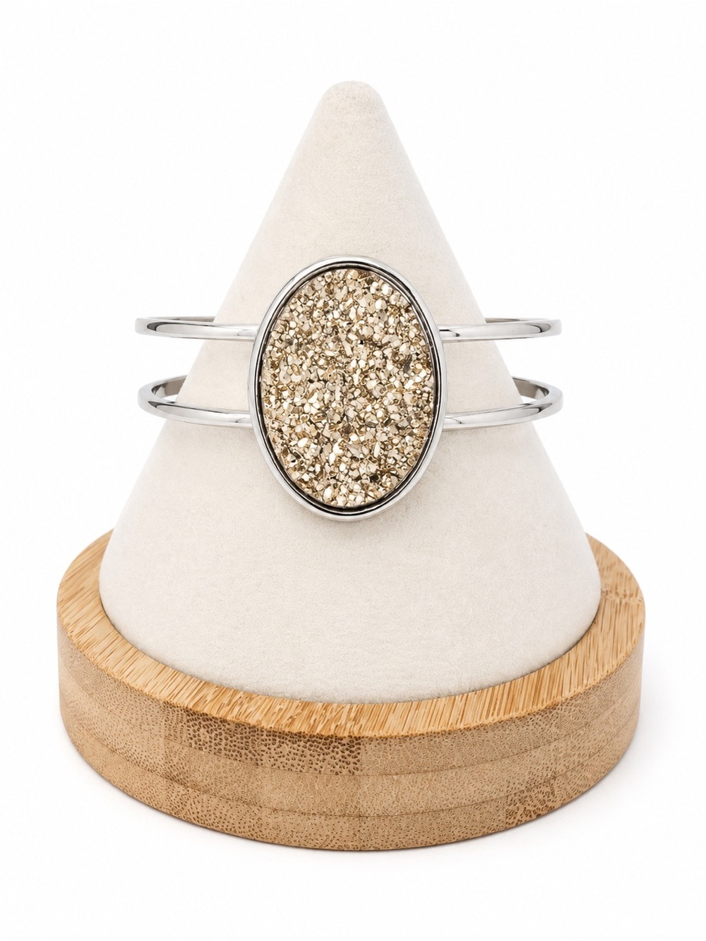 Chic Metallic Gold Druzy Statement Bracelet & Sleek Silver Cuff Bangle Easy Open